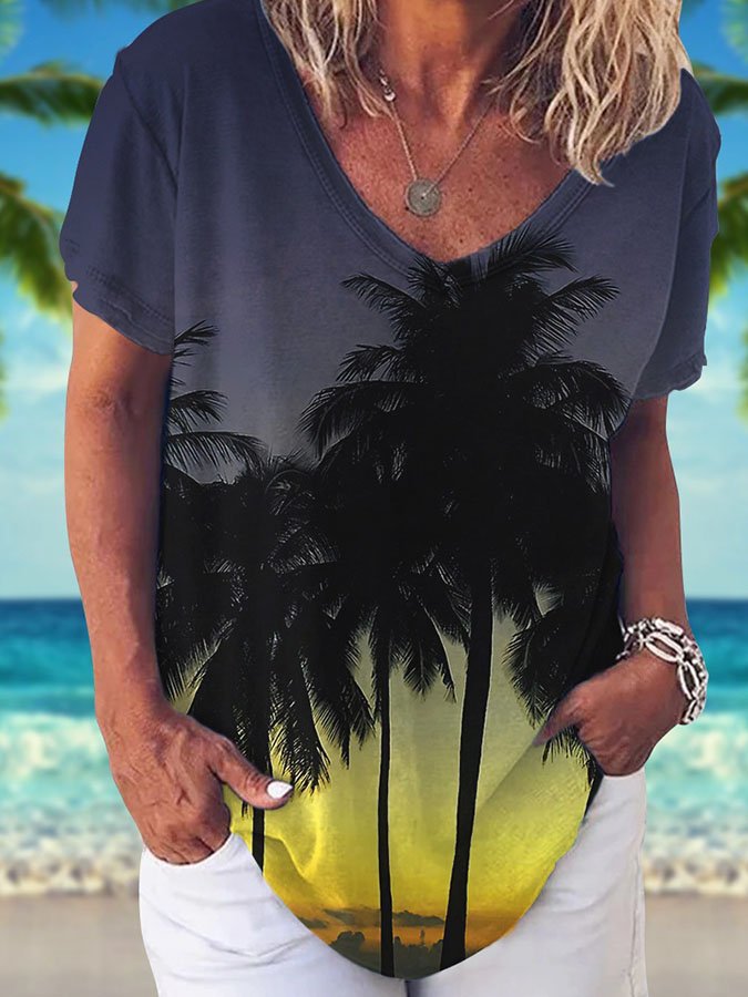 V-Neck Palm Tree Print Short Sleeve T-Shirt