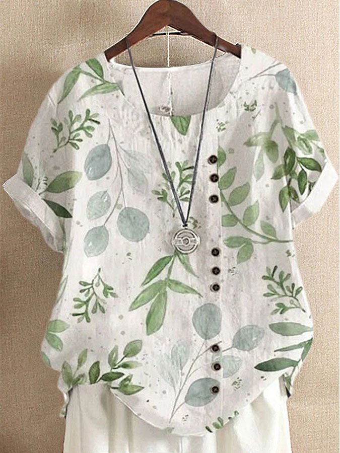 Floral Print Cotton And Linen T-Shirt