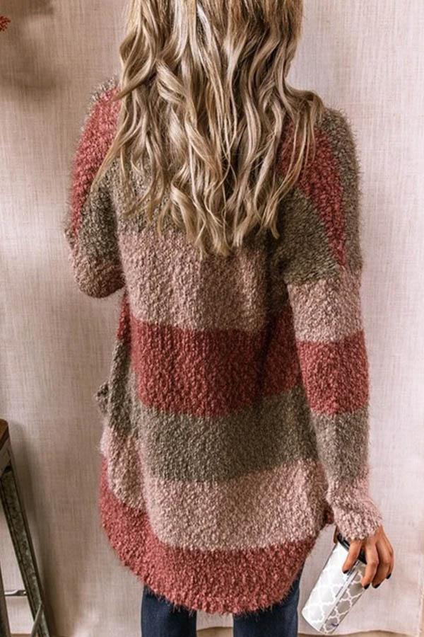 Color-block Striped Jacquard Open Front Fuzzy Paneled Pockets Cardigan