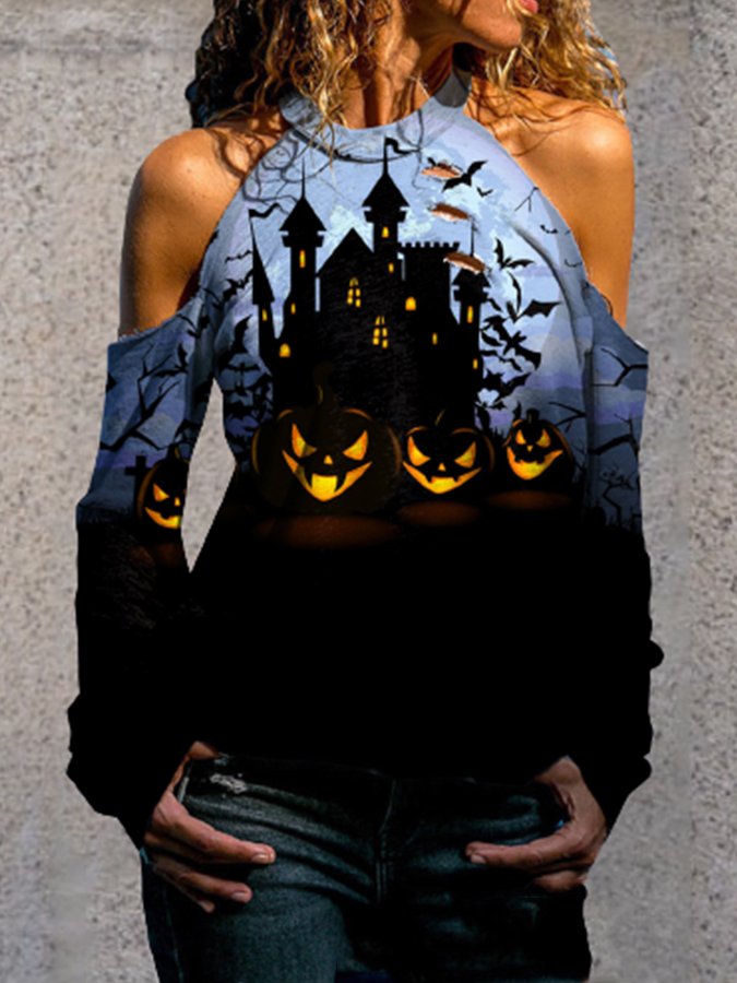Halloween Off-The-Shoulder Print Shirt