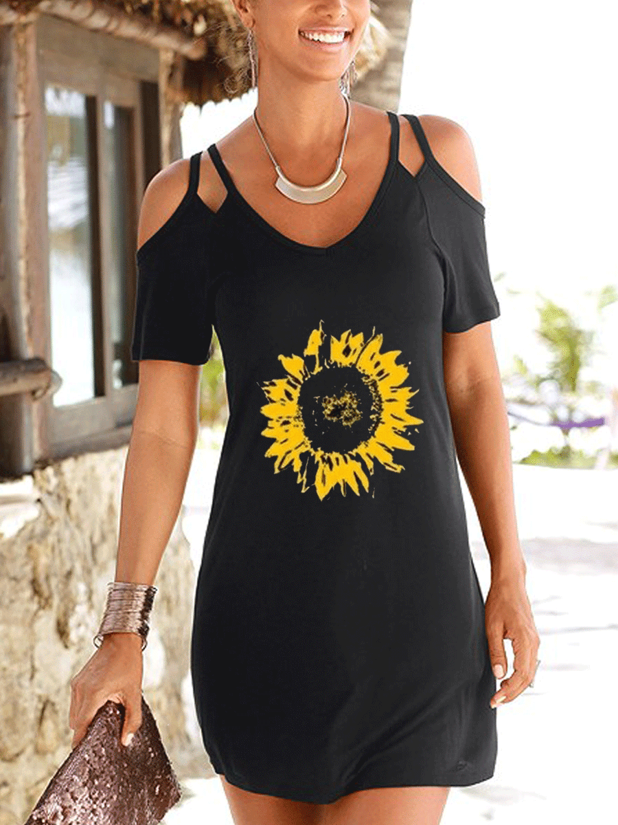 Sunflower Print Cold Shoulder Dress