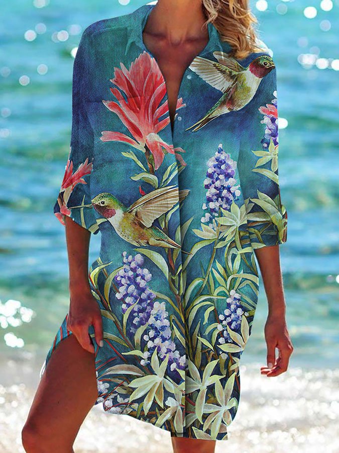 Hummingbird Print Casual Sun Protection Shirt