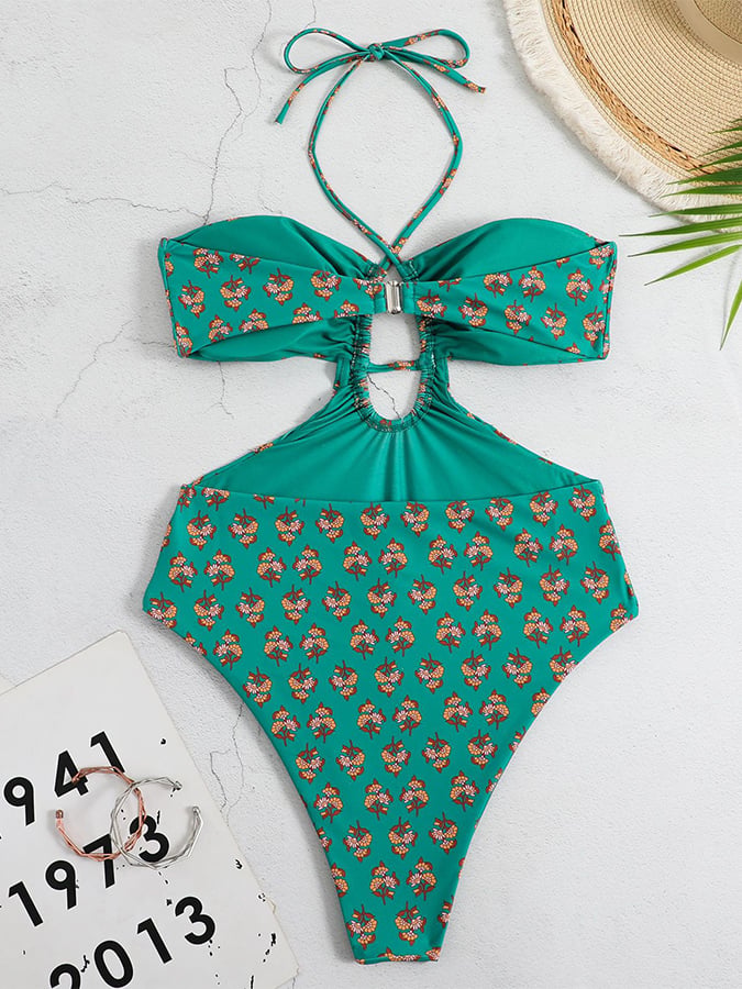 Women's Vintage Floral Print Halter Swimsuit Set