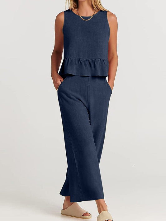 Solid Color Casual Ruffled Sleeveless Cotton And Linen Two-Piece Suit