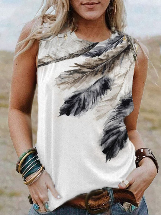 Western Feather V-Neck Sleeveless Tank Top