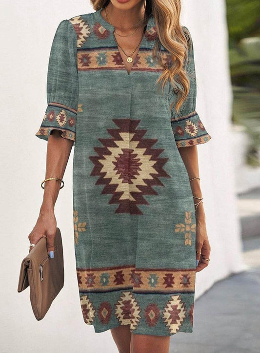 V-neck western ethnic style ladies casual dress