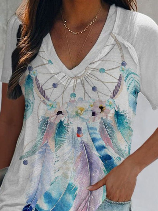 Dream Catcher Ethnic Print V-Neck T-Shirt