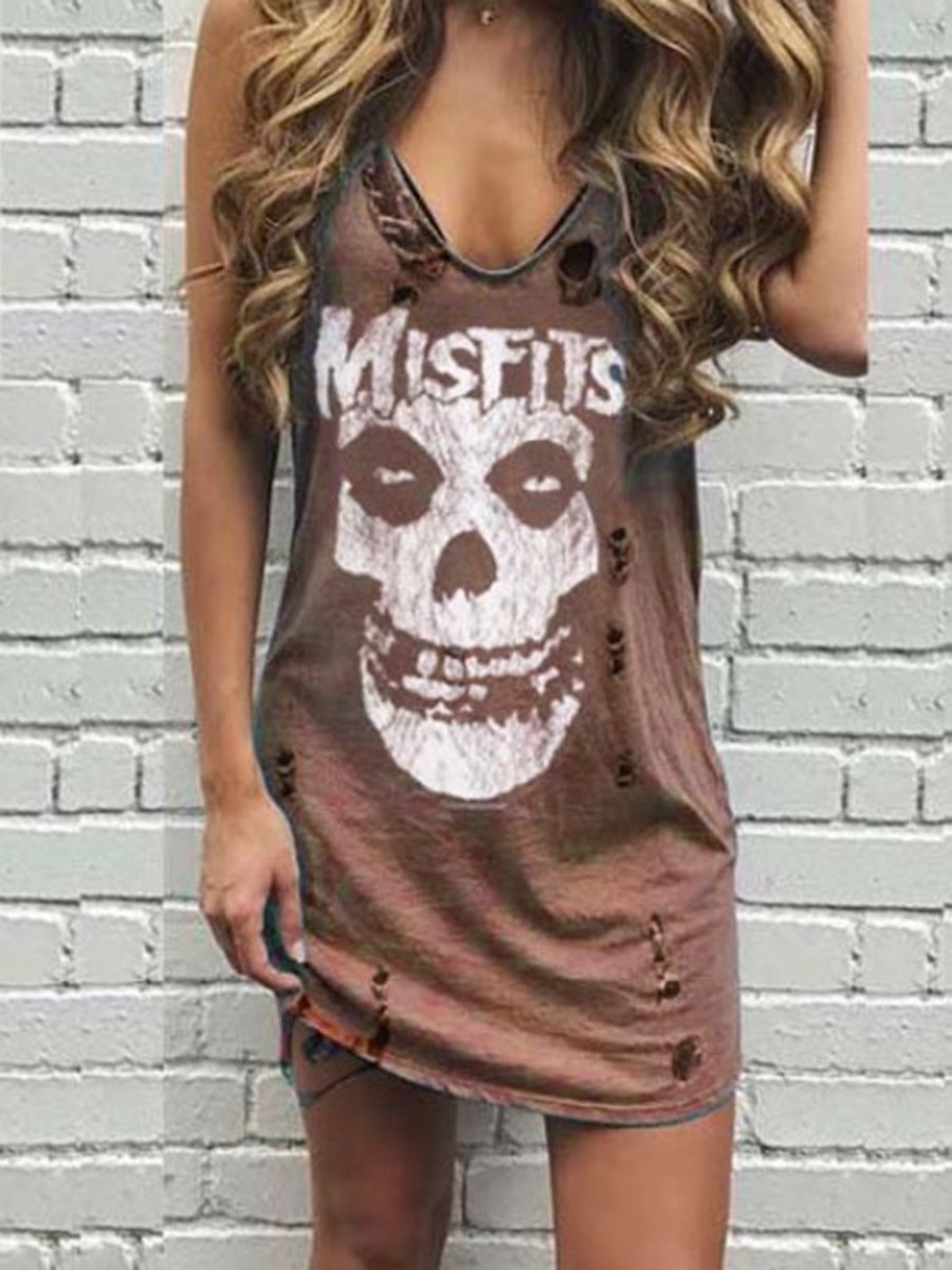 Hollow Out Printed Sleeveless Shift Dresses