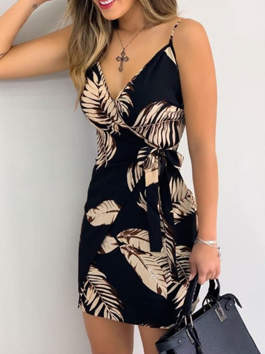 V-neck Print Lace-up Casual Dress