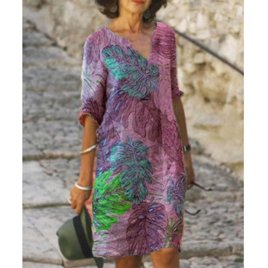 Causal Printed Cotton Linen V-Neck Dress