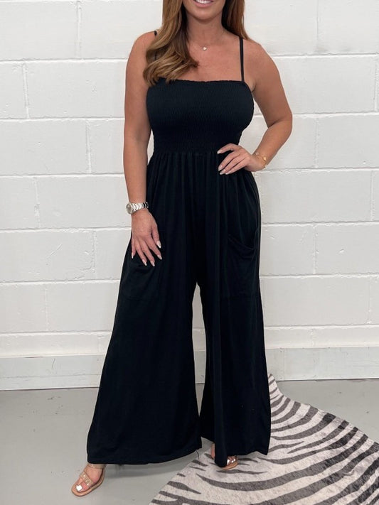 Smocked Top Pocket Wide Leg Jumpsuit