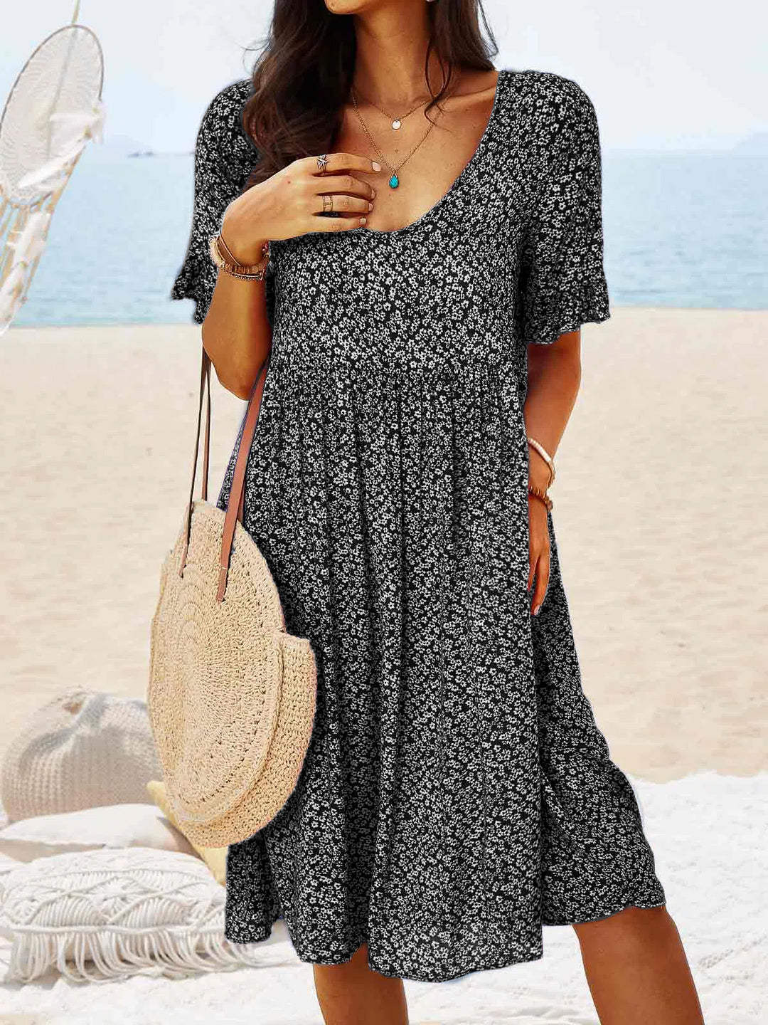 V Neck Floral Beach Vacation Casual Dresses