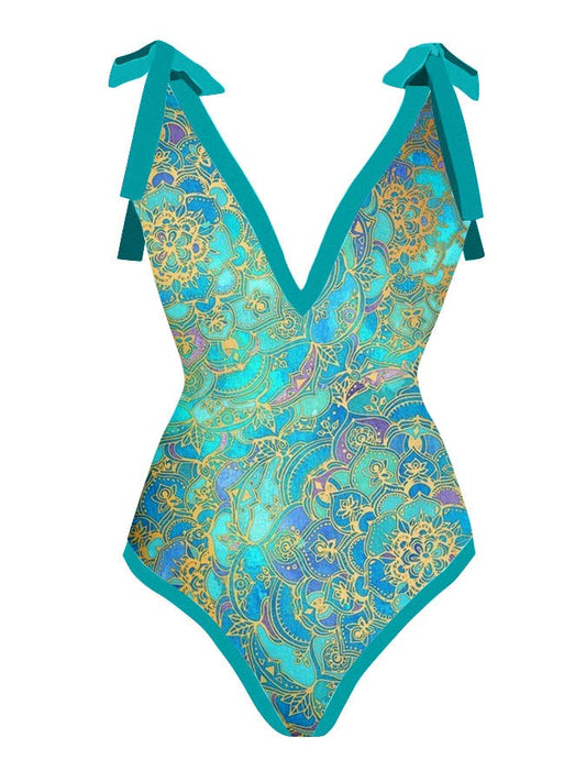 Vintage V-Neck Colorblock Print One-Piece Swimsuit