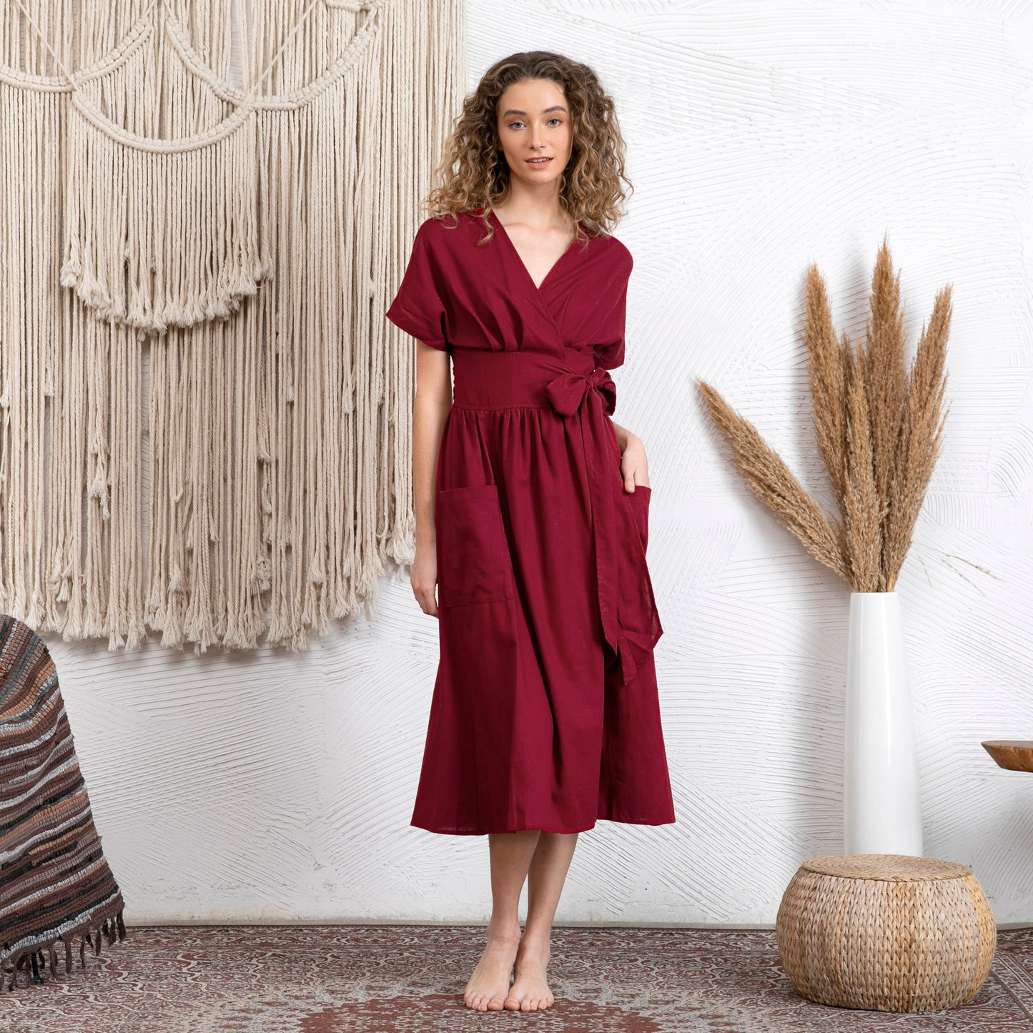 Casual V-Neck Belted High Waist Short Sleeves Linen Dress