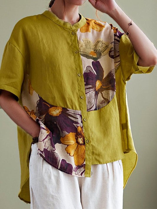 Women's Cotton Linen Print Stitched Shirt