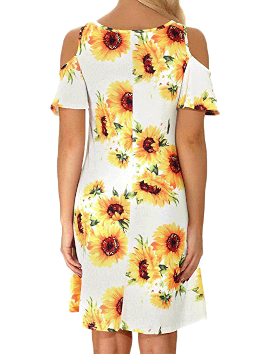 Sunflower Print Miss Shoulder Dress