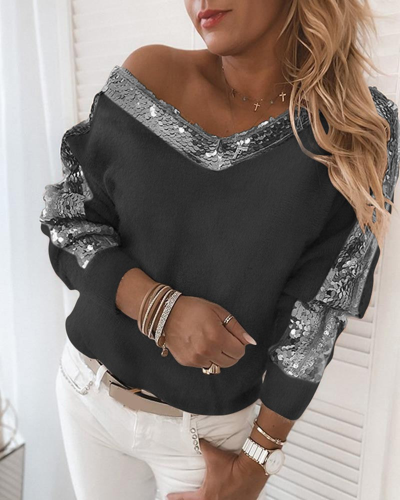 Sequins Contrast Fluffy Long Sleeve Sweater