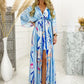 Digital Print V-neck Smocked Split Floor Length Dress