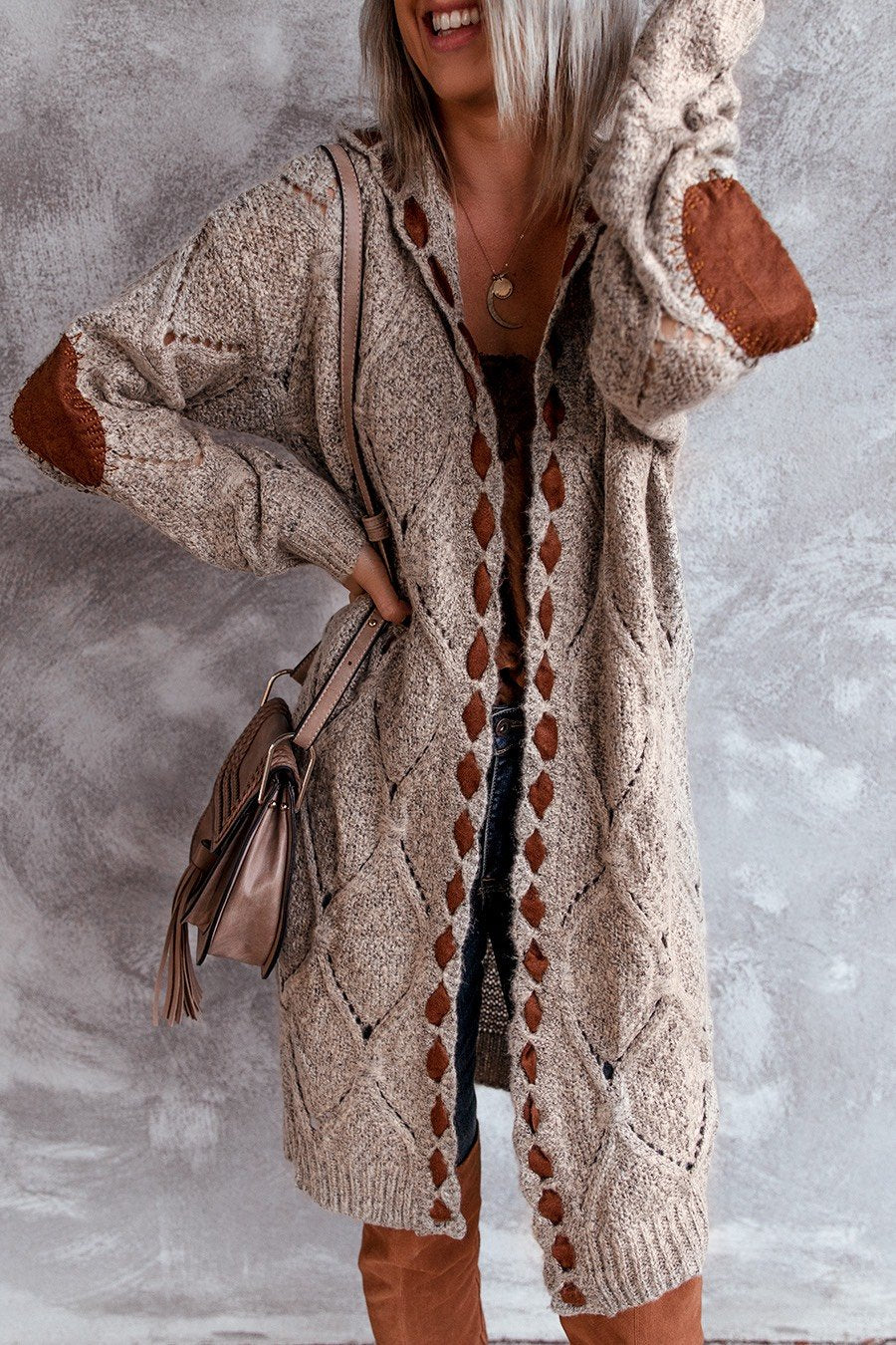 Color Block Hooded Casual Long Cardigan