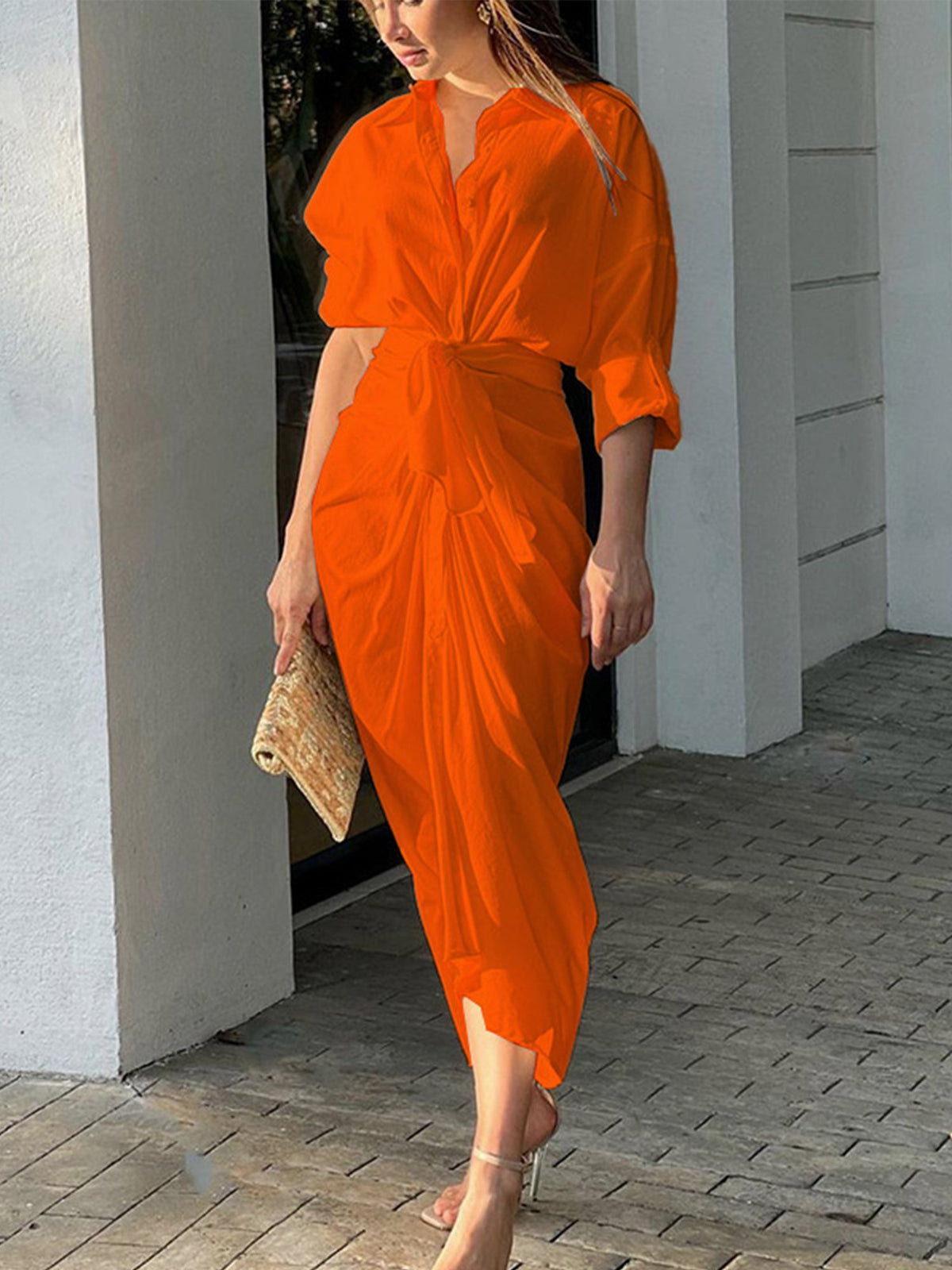 Women's Solid Color Sexy Pleated Arms Cardigan Shirt Dress