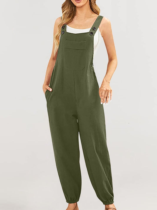 Solid Color Casual Cotton Linen Pocket Button Jumpsuit