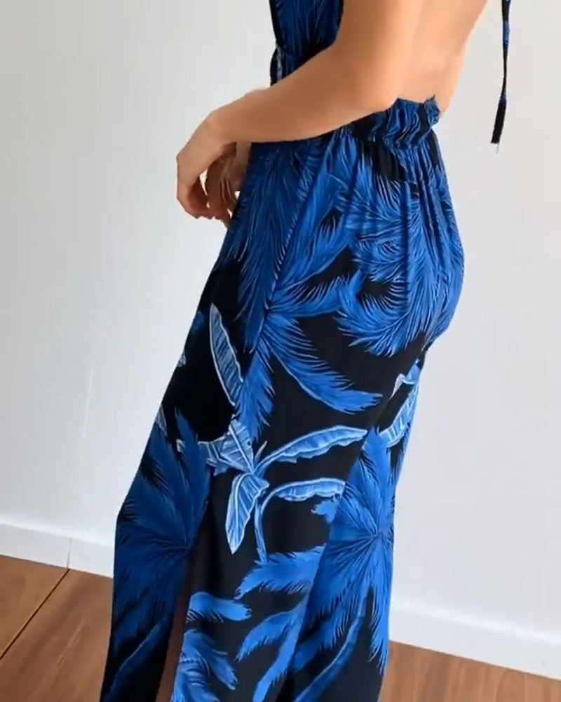 V-neck Halterneck Slit Printed Jumpsuit