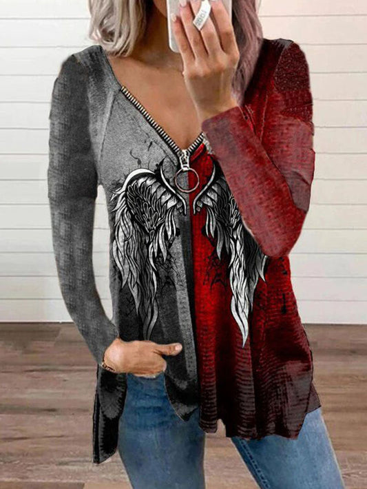 Angel Wings Print Long Sleeve Zip up V-neck Top