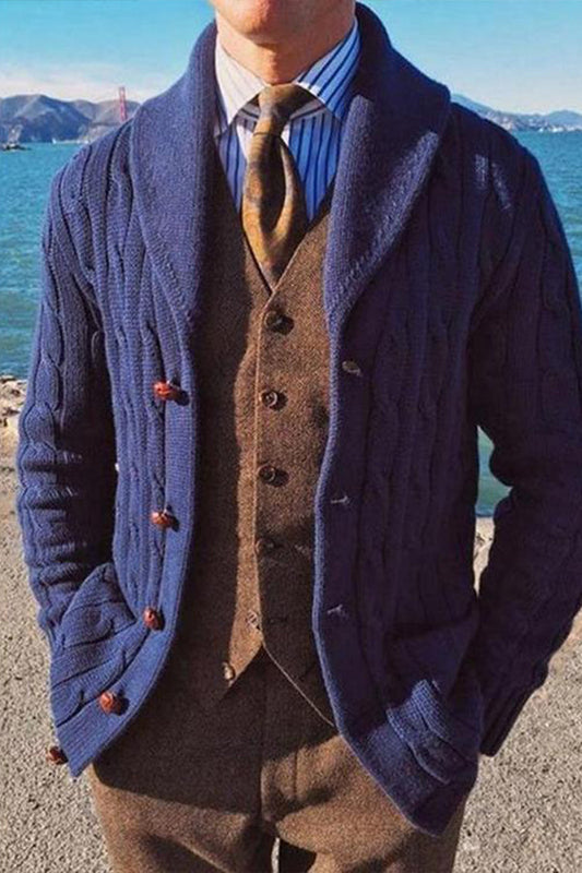 LONG-SLEEVED KNIT JACKET LAPEL BLUE CARDIGAN JACKET SWEATER