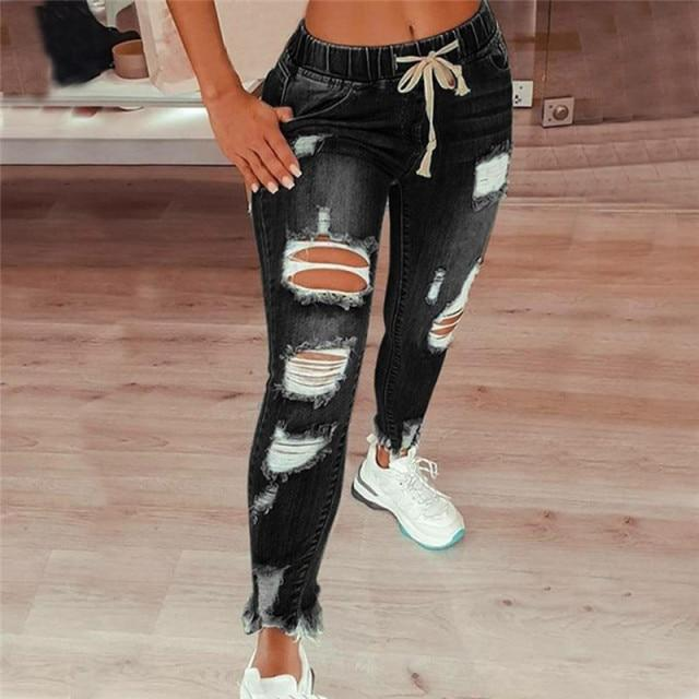 Women Ripped Hole Stretch Slim Pencil Jeans