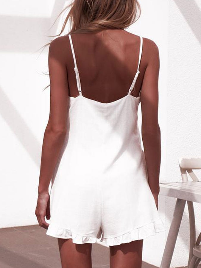 Women's Solid Color Button Suspenders Ruffled Suspender Jumpsuit