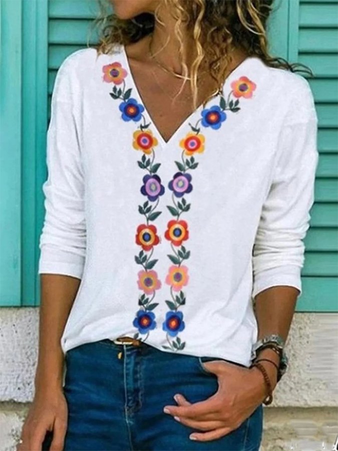 Ethnic Print V-Neck T-Shirt