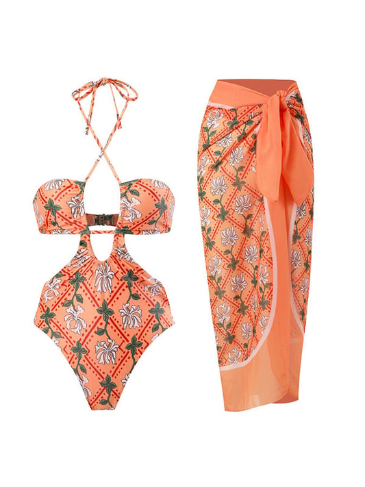 Women&#039;s Vintage Floral Print Halter Swimsuit Set