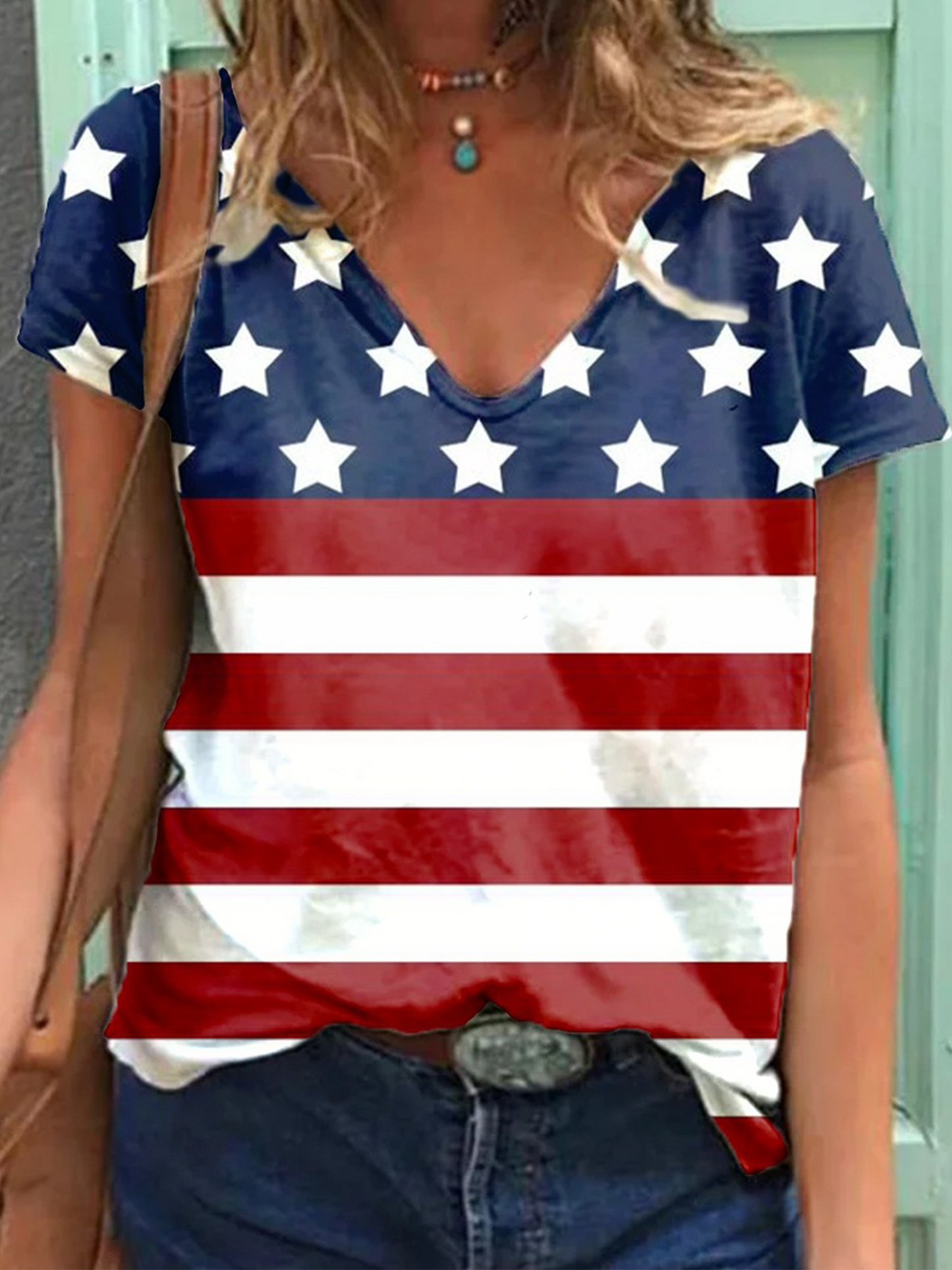 Women's Flag Print V-Necked T-Shirt