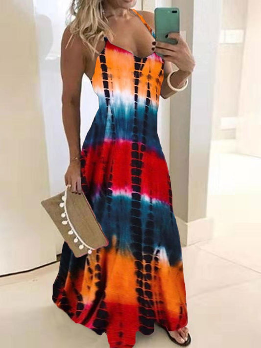 Tie-dye Printed Pocket Loose Sling Dress