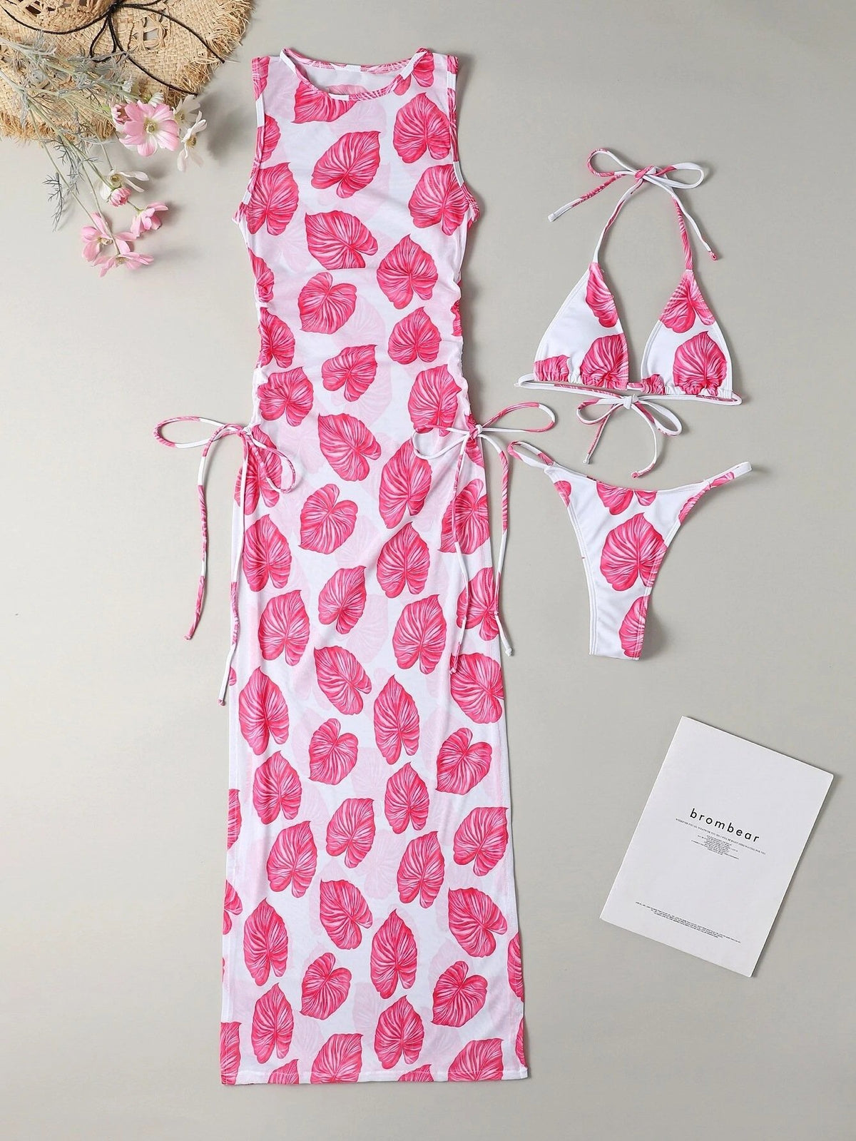 Women's Hawaiian Leaf Mesh Bikini Three-Piece Set