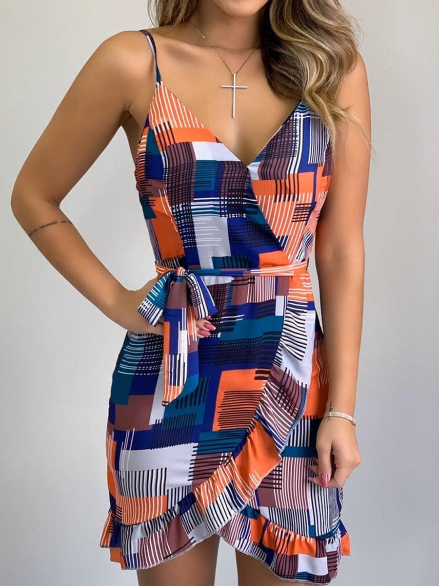 V-neck Sling Colorblock Mini Dress