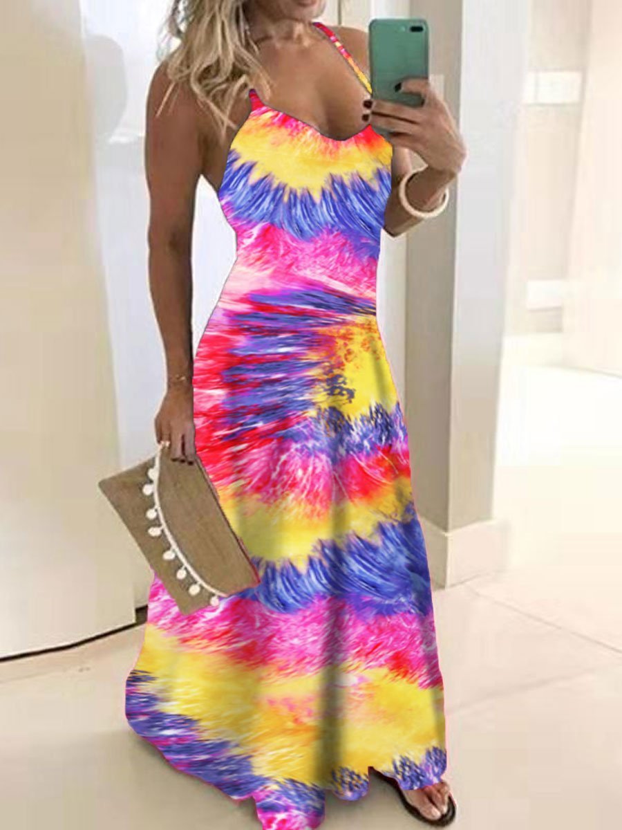 Tie-dye Diagonal Stripe Print V-neck Strap Dress