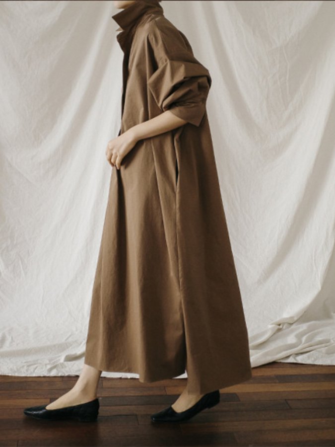 Women's Cotton Linen Loose Long Sleeve Shirt Dress