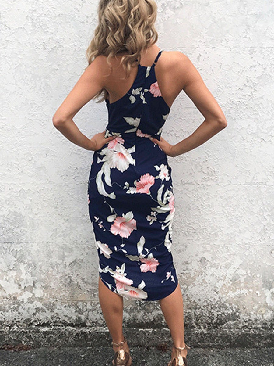 Strap V-Neck Irregular Hem High Slit Floral Dress