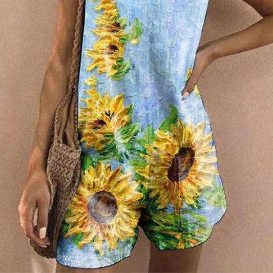 Women's Sunflower Printed Cotton Linen Jumpsuit