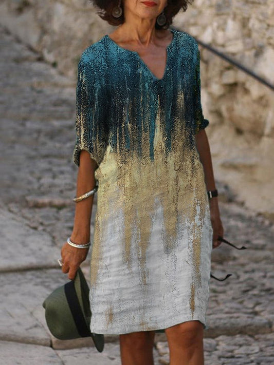 Women's Cotton Linen Gradient Hot Stamping V-Neck Loose Dress
