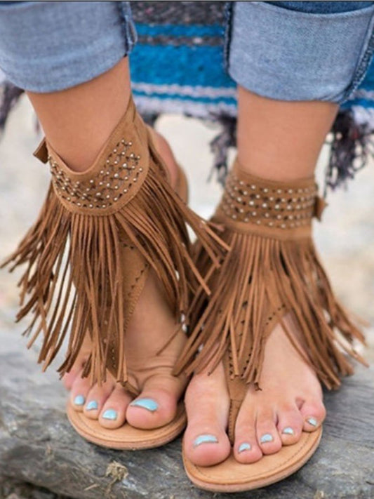 Boho Fringed Stud Flip Flops