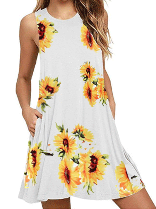 Sunflower Print Sleeveless Dress