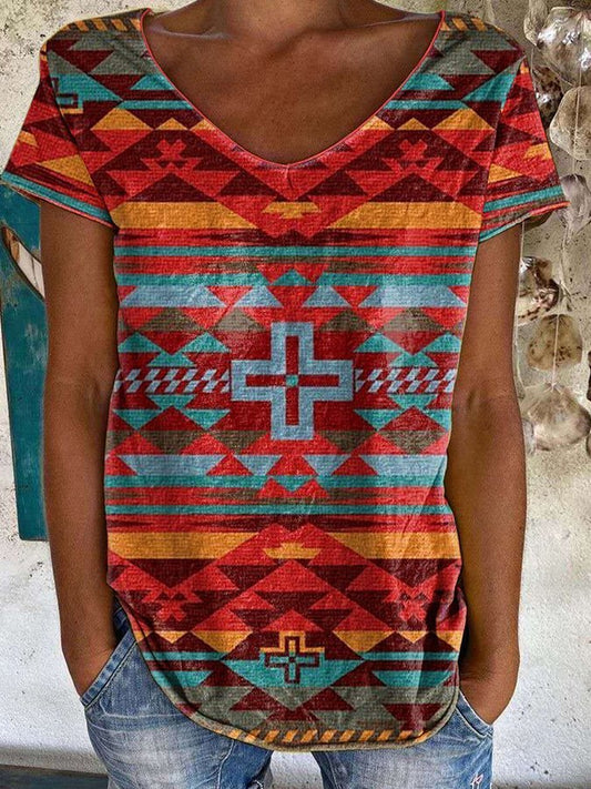 V-Neck Print Short Sleeve Loose T-Shirt