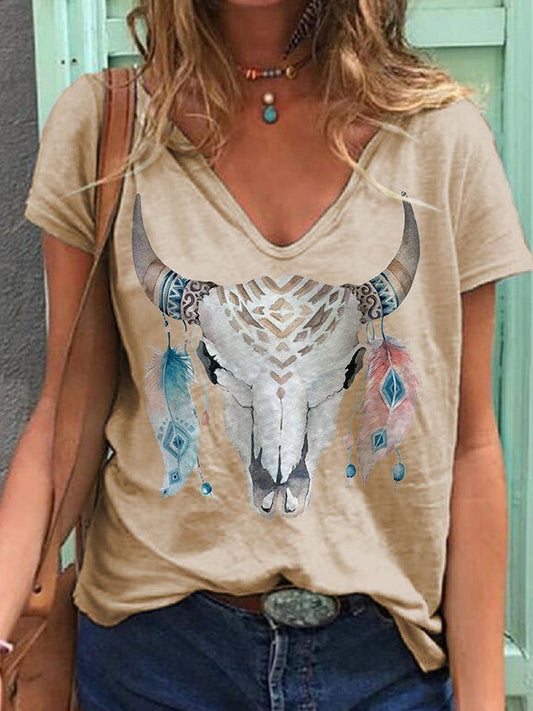 V-Neck Ethnic Feather Short-Sleeved T-Shirt