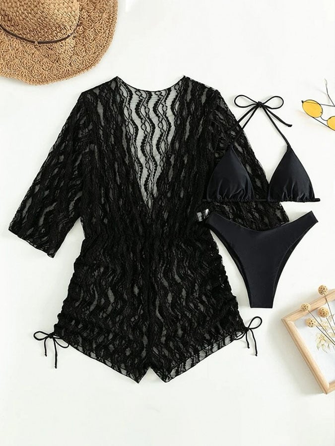 Sexy mesh waist drawstring sunscreen blouse 3-piece bikini