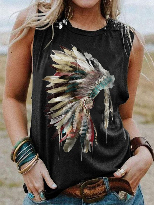 Western Feather Print Loose Tank Top