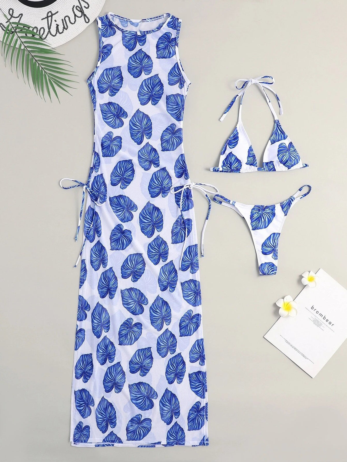 Women's Hawaiian Leaf Mesh Bikini Three-Piece Set