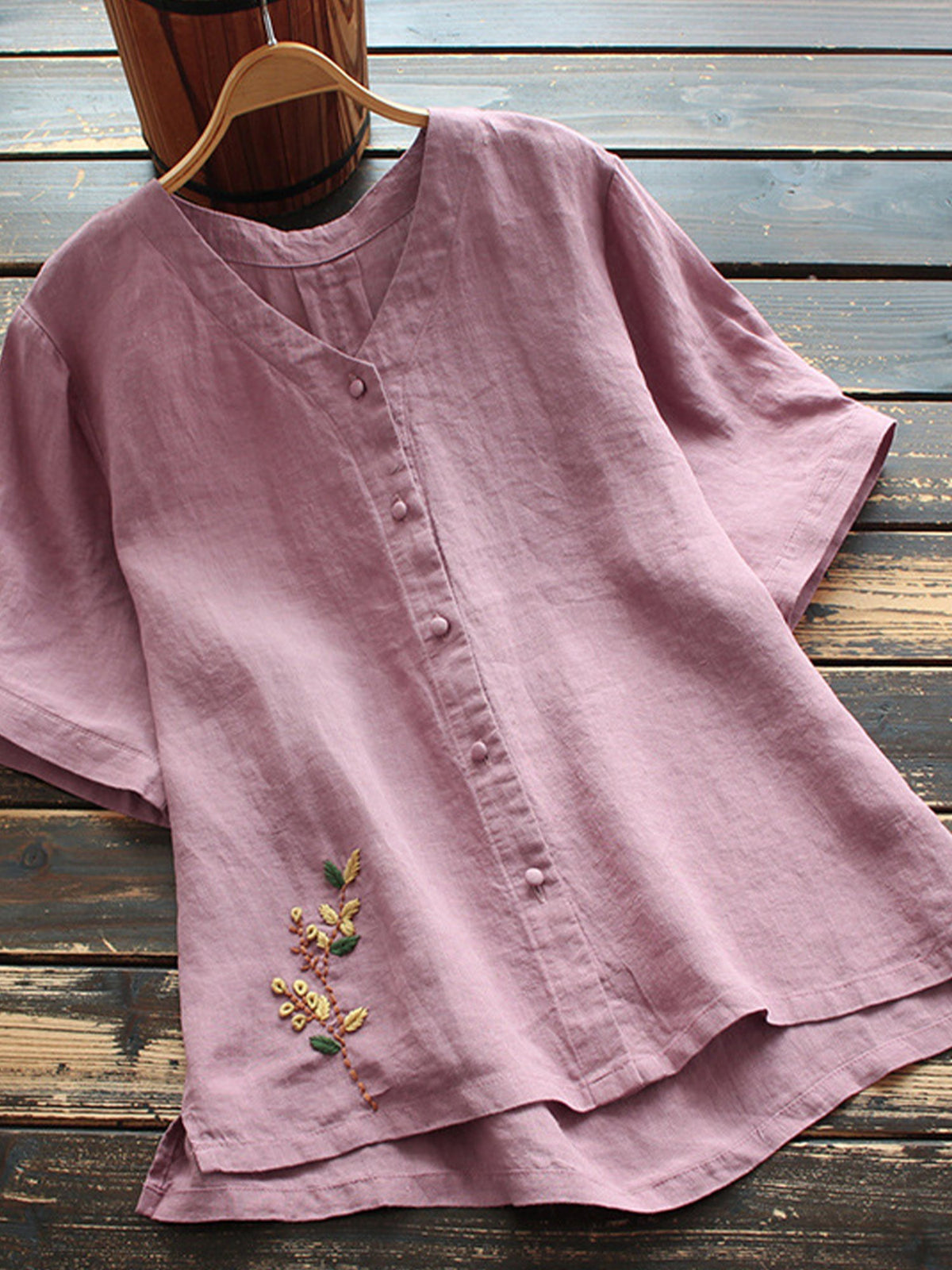 Women's Cotton Linen Embroidered Loose Casual T-Shirt