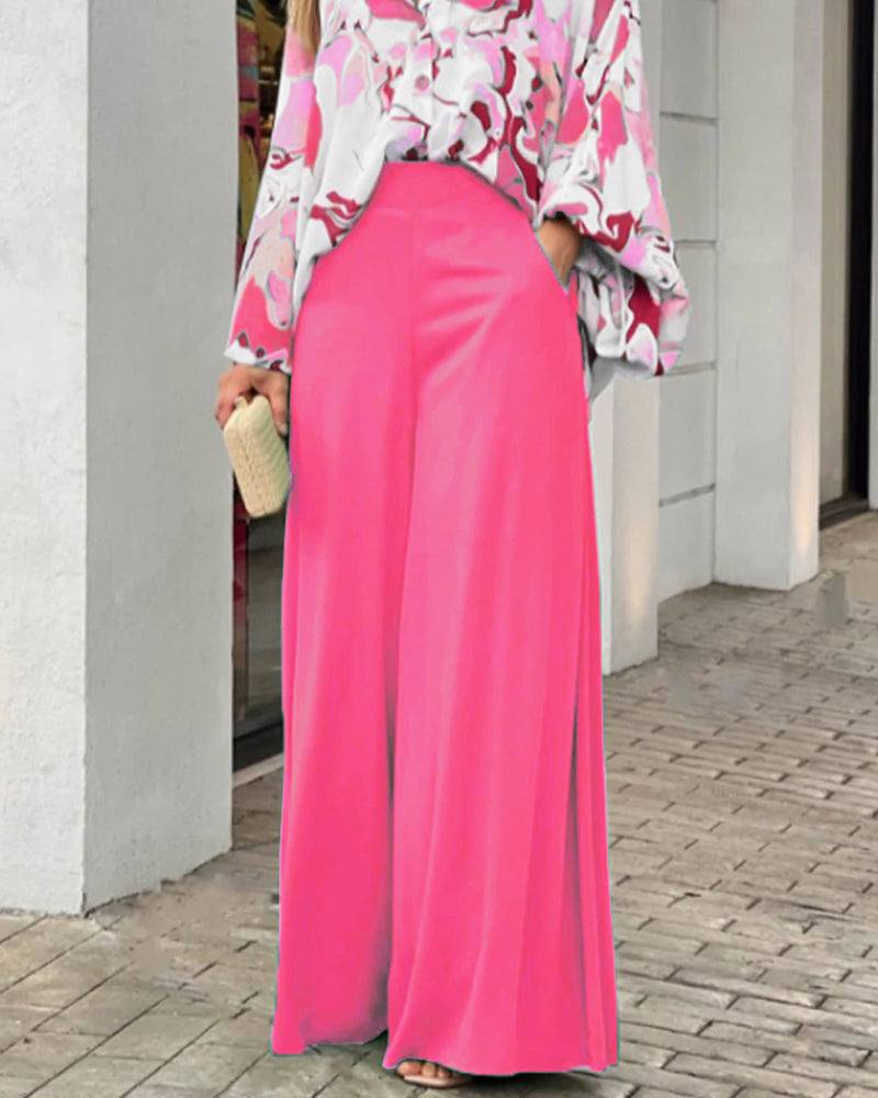 Casual Print Shirt & Wide Leg Pants Two-Piece Set